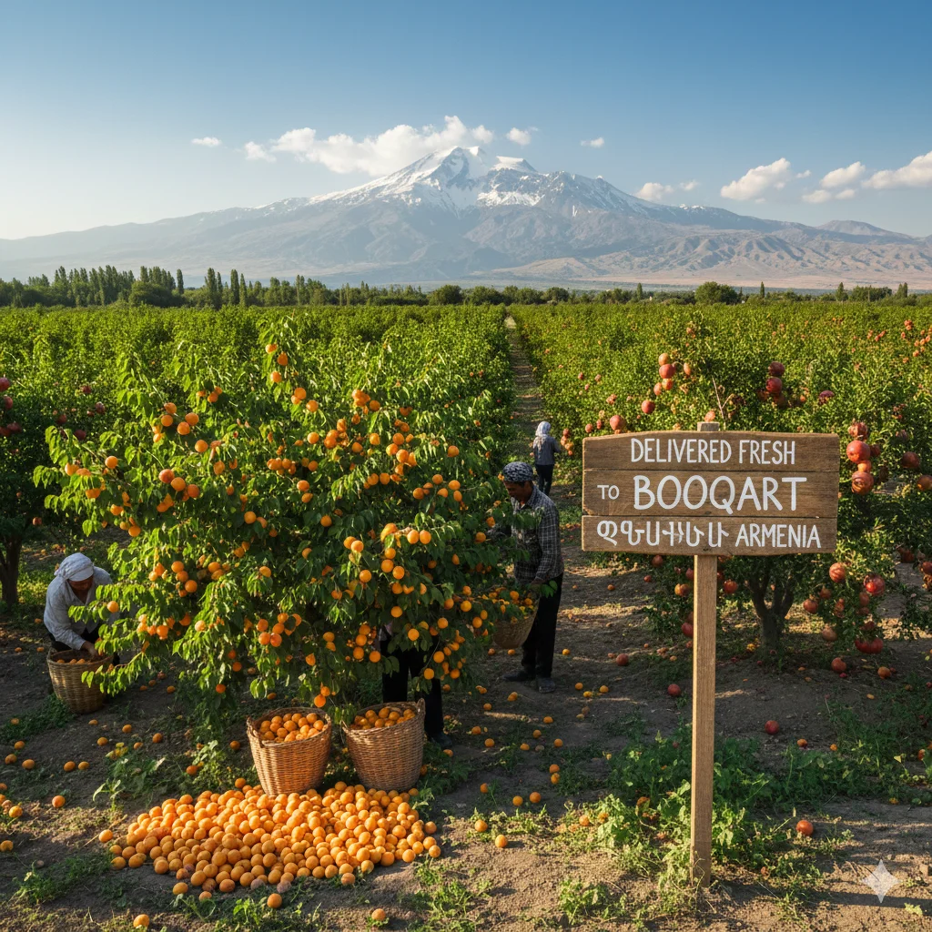 Fresh apricot and fruit harvest in Armenia for Booqart artisanal bouquets; sourcing fresh ingredients from the Ararat valley for local gift delivery.