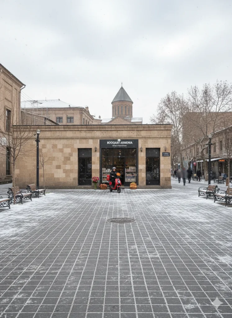 Booqart Armenia storefront in a snowy city; fast delivery scooter for same-day flower and gift delivery in Abovyan and Yerevan.