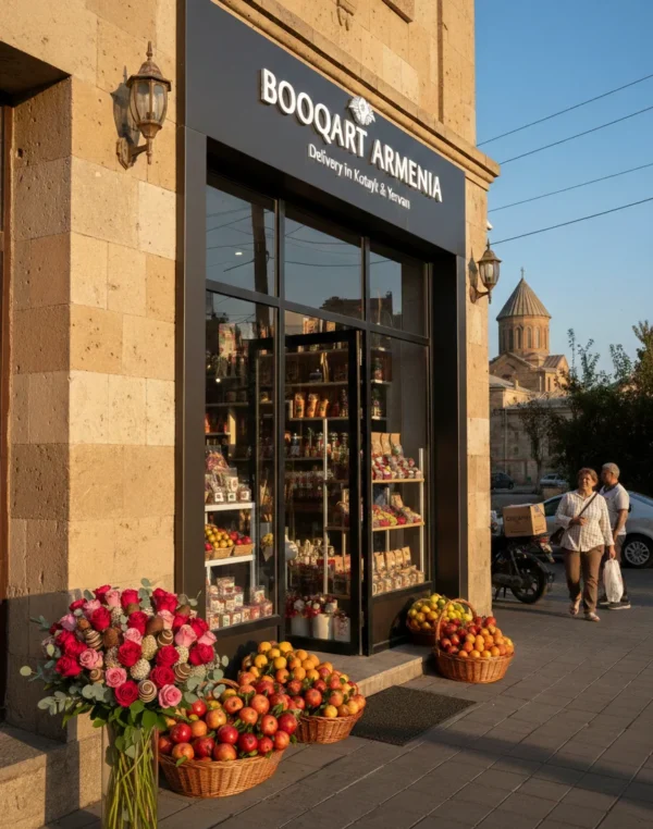 Luxury edible gift boutique Booqart Armenia at sunset; premium strawberry and fruit bouquets displayed at our Abovyan studio.