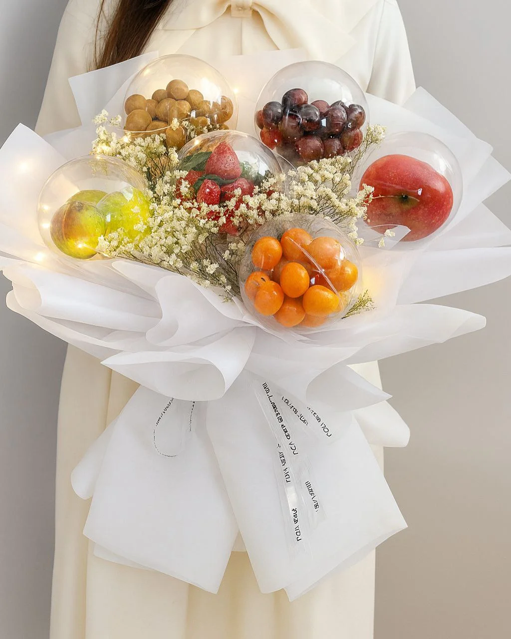 Large white fruit bubble bouquet with opulent styling and fresh fruit selection, a grand floral-edible arrangement for weddings and gala events.
perfect gift delivery bouquet for yerevan and abovyan armenia

