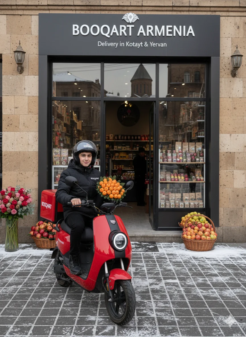 Delivery of a mandarin fruit bouquet in Abovyan, Kotayk; professional gift courier service for Booqart Armenia clients in Yerevan.