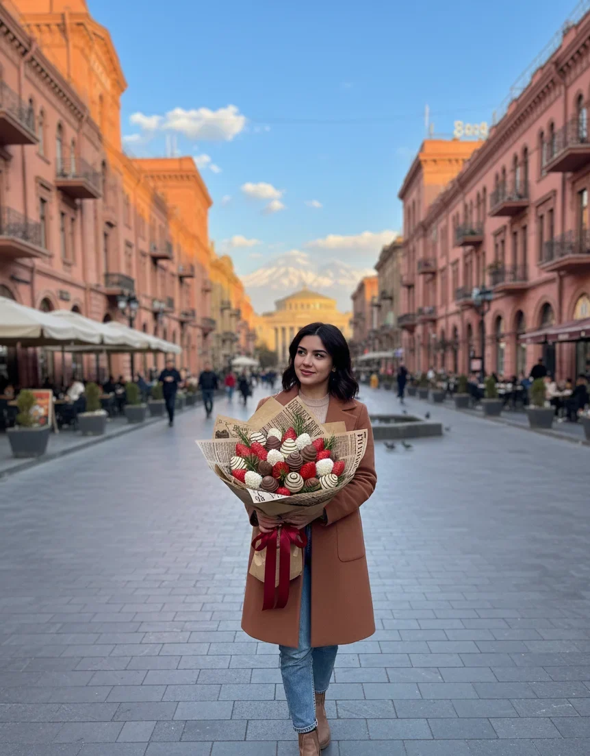Luxury chocolate-covered strawberry bouquet in Yerevan; premium edible gift delivery for March 8th and Valentine’s Day in Armenia.