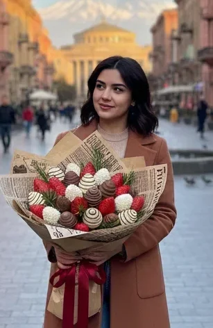 Luxury chocolate-covered strawberry bouquet in Yerevan; premium edible gift delivery for March 8th and Valentine’s Day in Armenia.