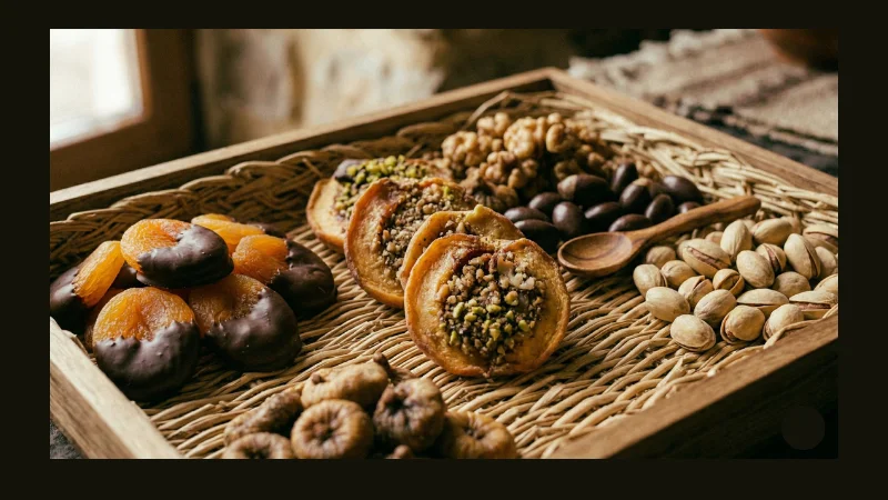 Close up of alani — dried peaches stuffed with walnuts — arranged on a wooden board with dried apricots and pistachios. alani armenian dried stuffed fruit walnut gift basket traditional.