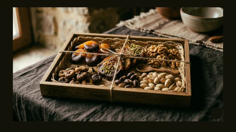  A gift basket combining dark chocolate-dipped dried apricots, pistachios, walnuts and rolled bastegh in a wooden box with natural twine. dried fruit and chocolate gift basket armenian apricots dark chocolate walnuts pistachios.