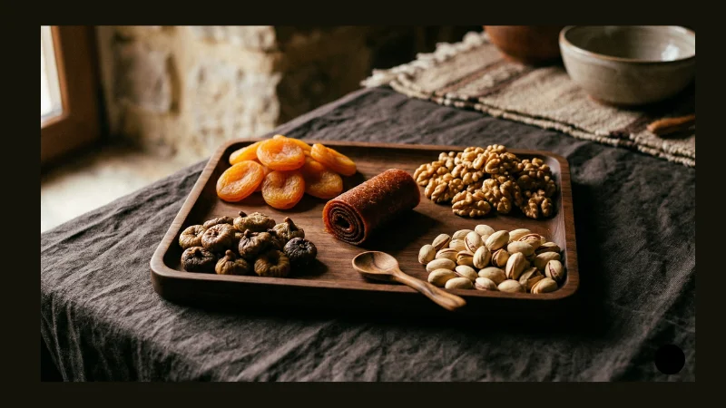 [IMAGE: A warmly lit wooden tray holding dried apricots, walnuts, figs, pistachios and rolled t'tu lavash on a dark linen cloth. "armenian dried fruit and nut gift basket tsiran apricots walnuts pistachios traditional