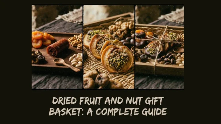 A warmly lit wooden tray holding dried apricots, walnuts, figs, pistachios and rolled t'tu lavash on a dark linen cloth. Alt text: "armenian dried fruit and nut gift basket tsiran apricots walnuts pistachios traditional, portrait images of each one having unqiue armenian dry fruit arrangement .
