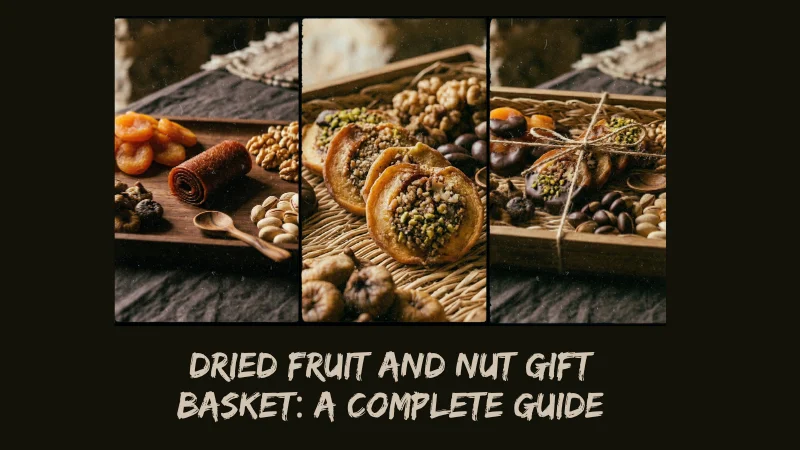 A warmly lit wooden tray holding dried apricots, walnuts, figs, pistachios and rolled t'tu lavash on a dark linen cloth. Alt text: "armenian dried fruit and nut gift basket tsiran apricots walnuts pistachios traditional, portrait images of each one having unqiue armenian dry fruit arrangement .