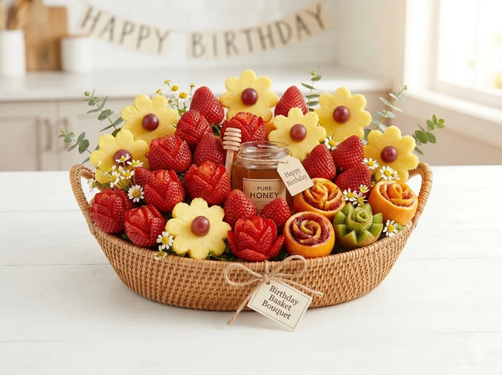 Birthday basket bouquet with strawberry โrosesโ and pineapple florals in a rattan basket. โbirthday basket bouquet with fruit arranged as flowers โ edible gift arrangementโ.