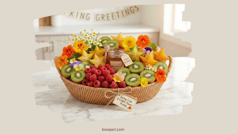 Spring gift basket with raspberries, kiwi, star fruit and edible flowers on a light marble surface. Alt text: โspring gift basket with seasonal fruit and edible flowers โ fresh gift ideasโ.
