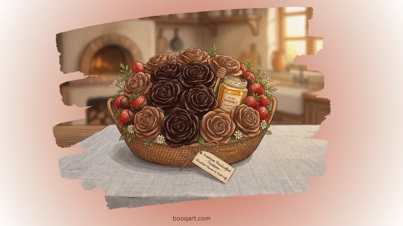  Close-up of a chocolate flower bouquet with dark and milk chocolate roses alongside fresh strawberries on a linen surface. handcrafted chocolate flower bouquet with chocolate roses and dipped strawberries gift delivery Abovyan Armenia