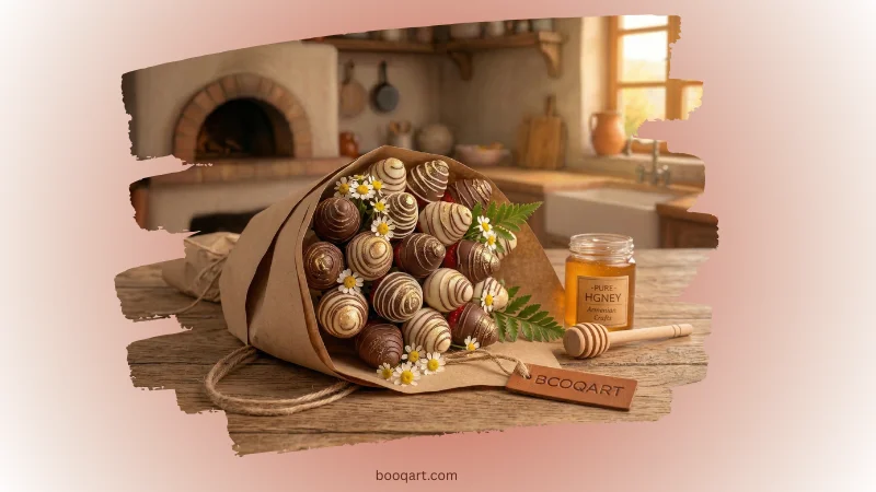 chocolate dipped strawberry bouquet in a kraft paper wrap with dark and white chocolate berries on skewers. Alt text: "chocolate covered strawberries bouquet with dark and white dipped berries — Booqart edible arrangement