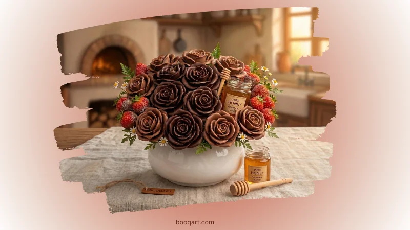 Overhead view of chocolate flowers arranged in a white ceramic vase with petals catching warm side lighting. chocolate flowers bouquet arranged in ceramic vase — edible art gifting