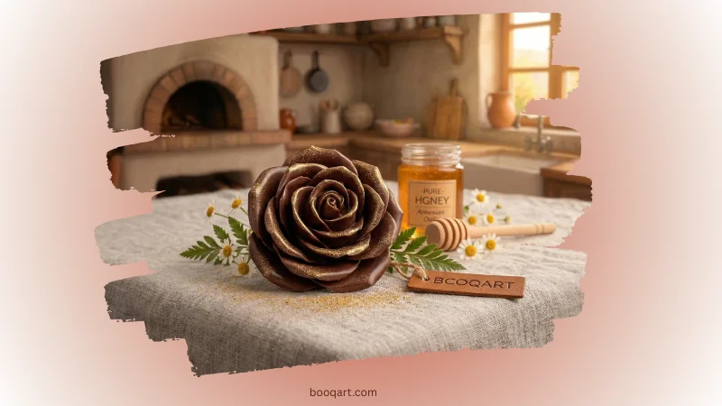 Single chocolate rose in dark couverture with hand-shaped petals, dusted with edible gold. chocolate rose bouquet single dark couverture rose with gold dust — handmade edible gift