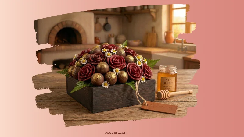 Valentine's day chocolate bouquet with red chocolate roses and gold-dusted truffles in a dark gift box. valentine's day chocolate bouquet with dark chocolate roses and gold truffles — romantic edible gift