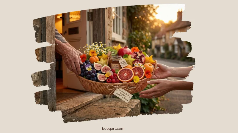Hands passing a wrapped fruit basket across a doorstep, warm evening light. Alt text: โArmenian gifting tradition โ fresh fruit basket passed between hands at doorstep.