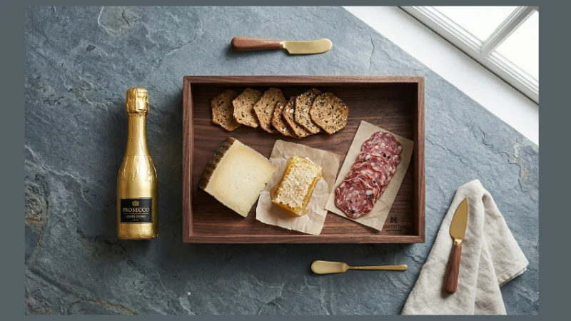 luxury gourmet gift baskets charcuterie wine cheese honeycomb dark walnut crate editorial food photography. 