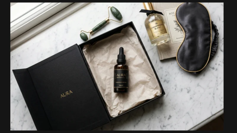 luxury gift baskets ideas hero product dark glass serum jade roller champagne tissue rigid black box marble.