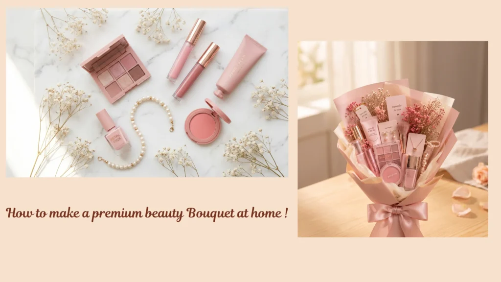 Top-down flat lay of coordinated blush pink beauty products before being assembled into a gift bouquet.