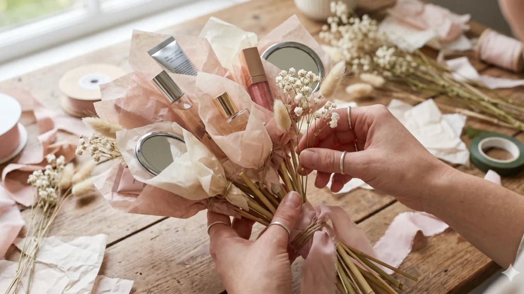 Hands assembling a blush pink beauty bouquet by layering wrapped products and dried baby's breath together.