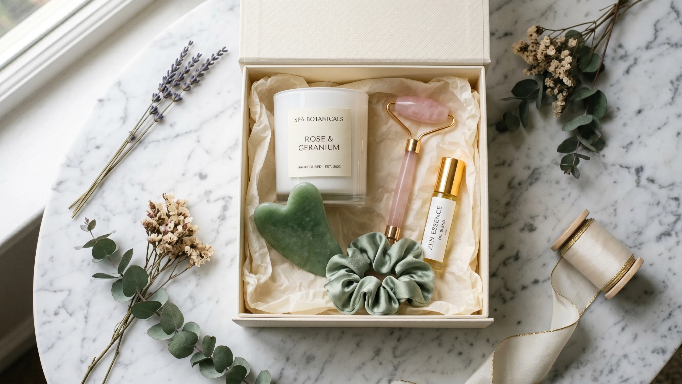 A luxury spa gift basket mid-assembly showing a candle, jade roller, gua sha, gold perfume bottle, and silk scrunchie arranged inside a cream box.