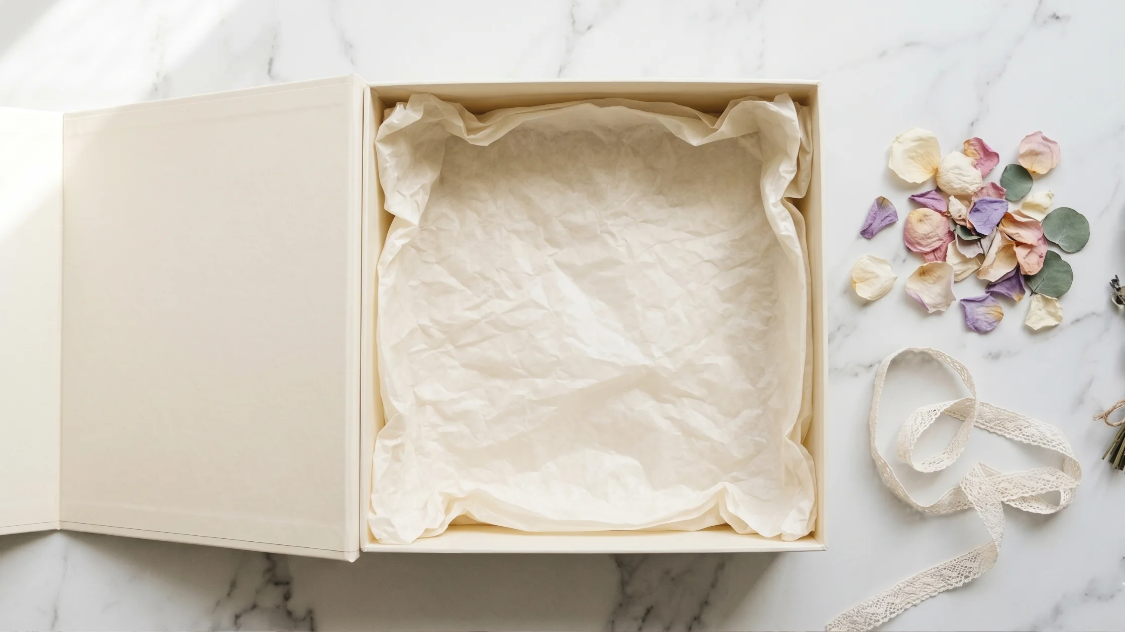 An open cream gift box lined with crumpled ivory tissue paper on a marble surface, ready for a luxury spa gift basket.