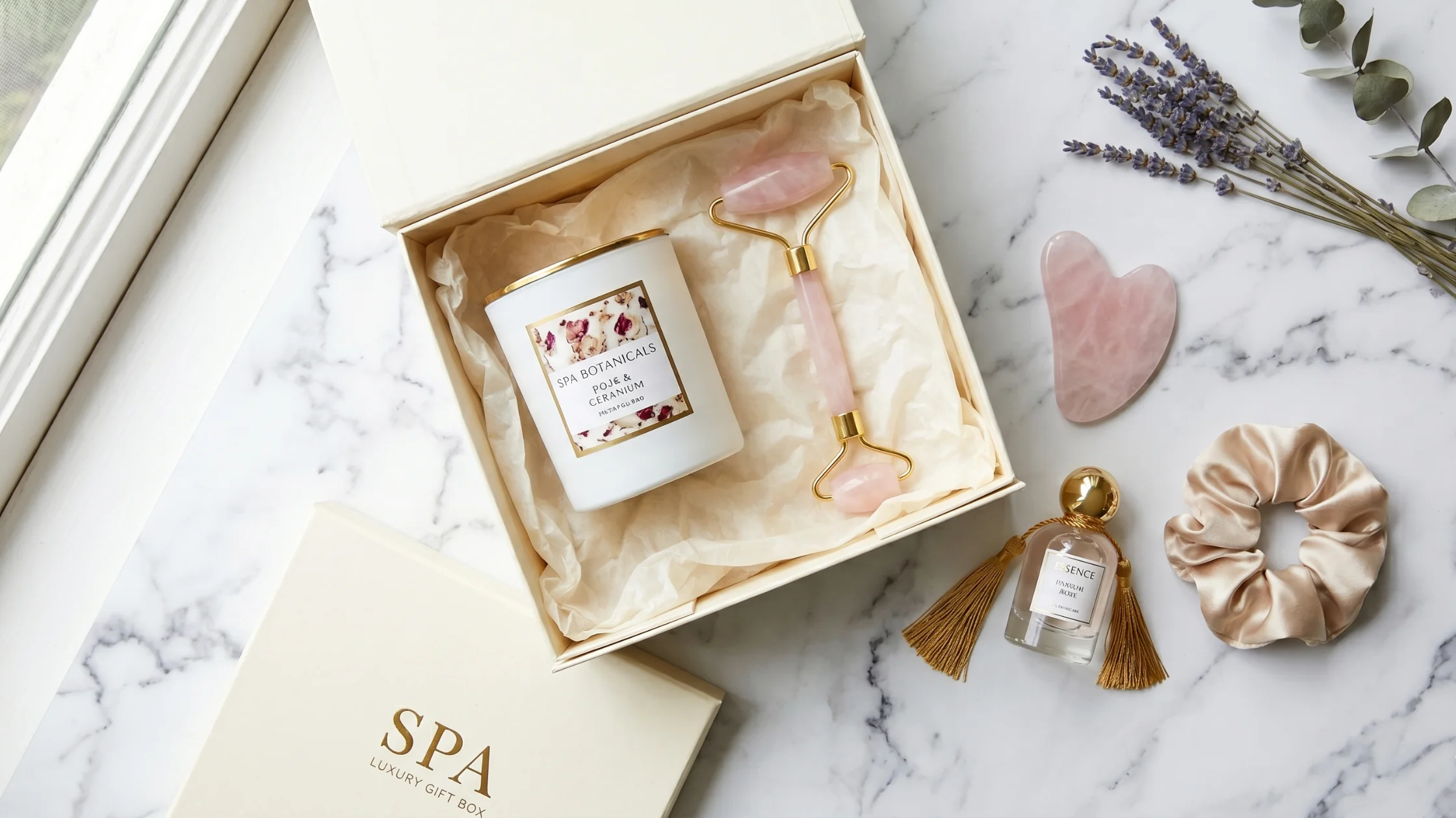 Anchor items — a white candle and jade roller — placed in the back corners of a cream gift box during assembly.