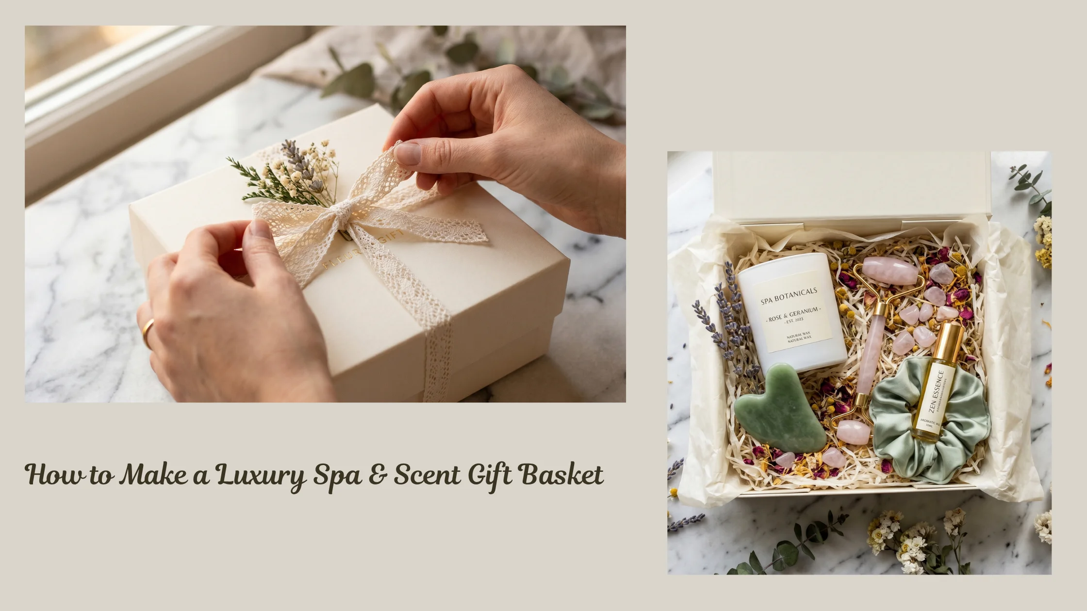 An open cream gift box lined with crumpled ivory tissue paper on a marble surface, ready for a luxury spa gift basket.