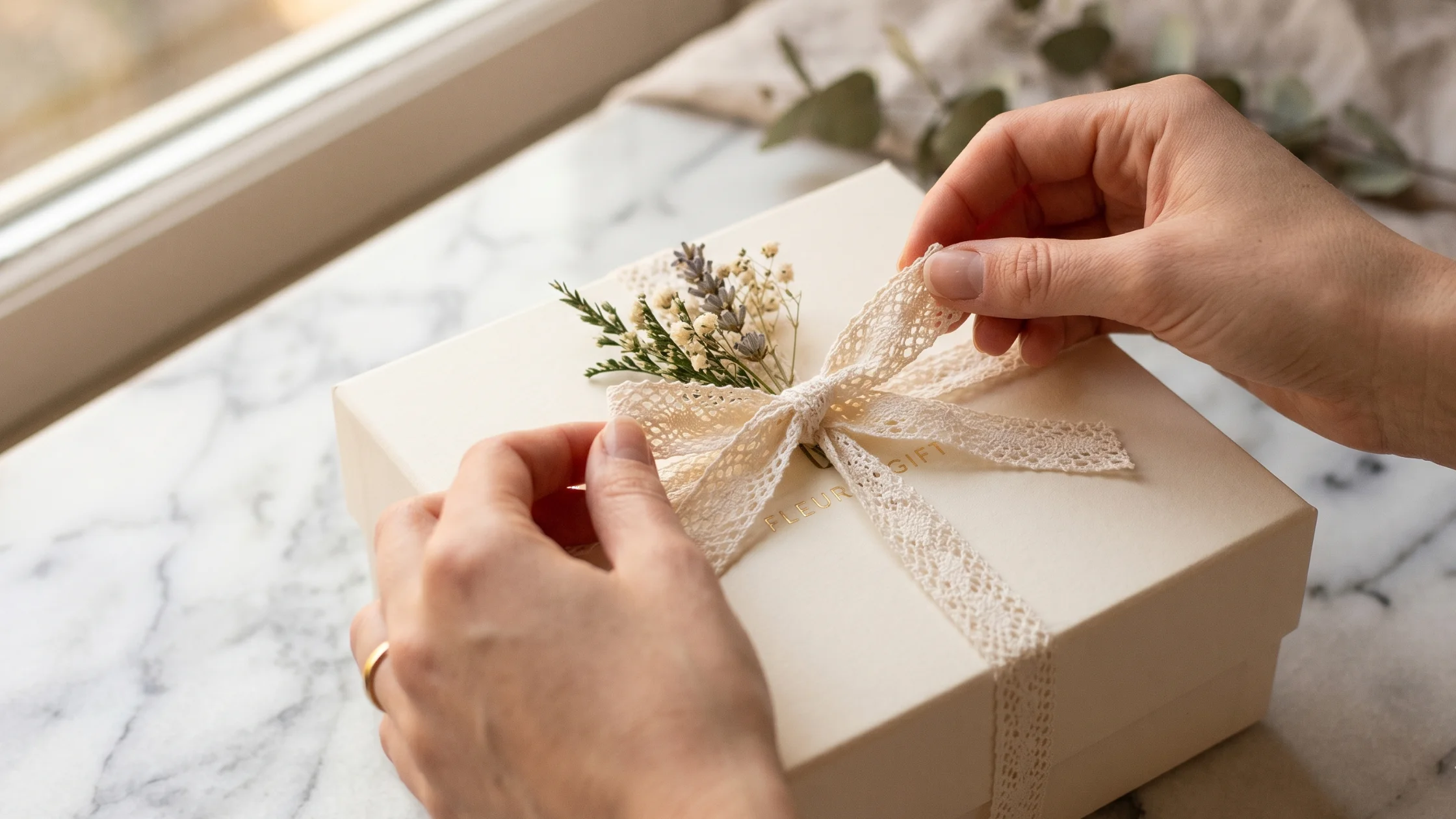 Hands tying a lace ribbon bow on a closed cream luxury spa gift box with a dried flower sprig tucked under the ribbon.