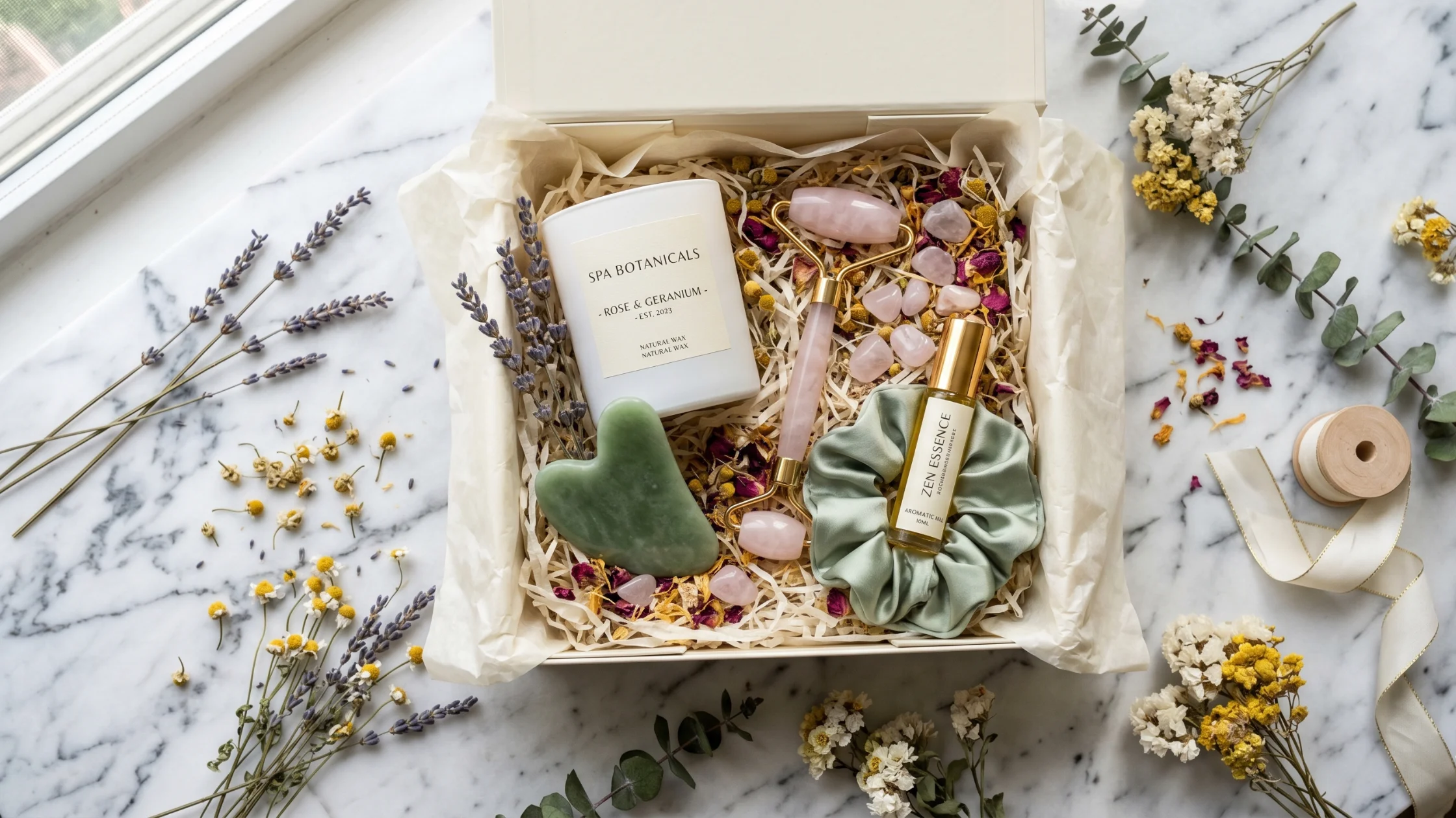 Dried florals, crystals, and botanicals scattered throughout a completed luxury spa gift basket in a cream box.