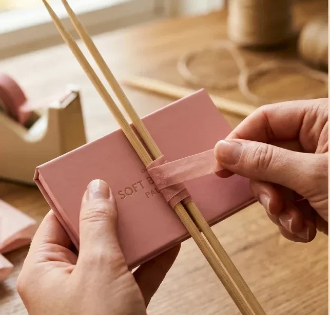Bamboo skewers being taped to the back of a pink eyeshadow palette to create a stem for a beauty bouquet.