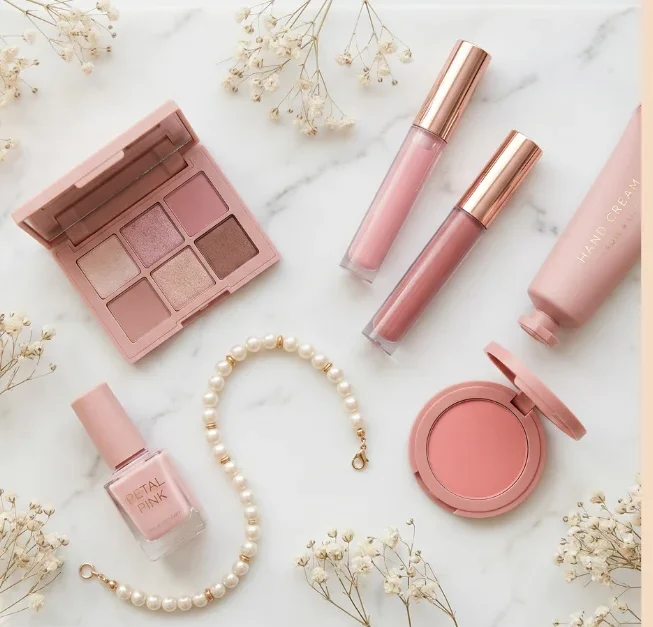 Top-down flat lay of coordinated blush pink beauty products before being assembled into a gift bouquet.