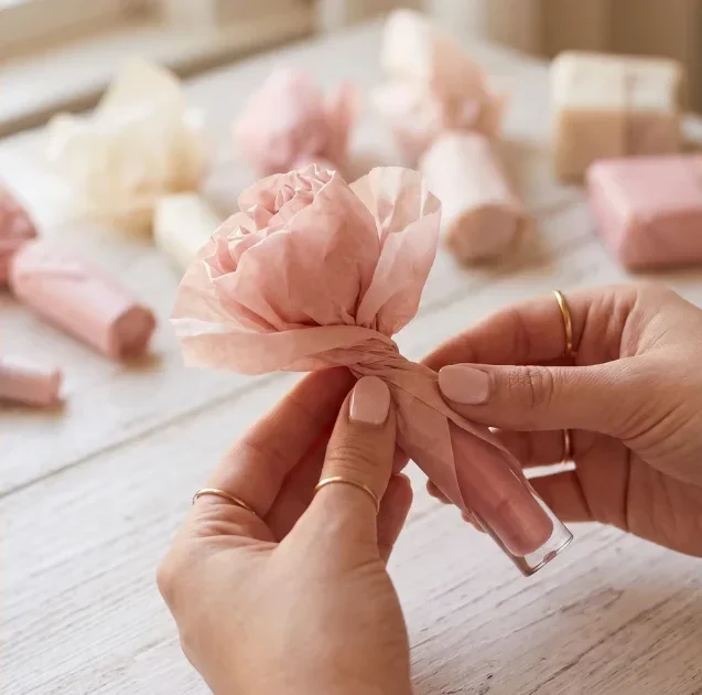 Lip gloss being wrapped in blush tissue paper in a flower shape as part of a DIY beauty gift bouquet.