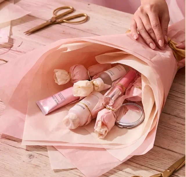 A beauty gift bouquet being wrapped in layered pink and cream tissue paper in a florist cone style on a craft table.