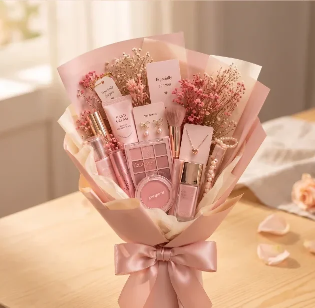 Hands assembling a blush pink beauty bouquet by layering wrapped products and dried baby's Completed blush pink beauty gift bouquet with a large satin bow, dried flowers, and beauty products wrapped in pink tissue, ready to gift. breath together.