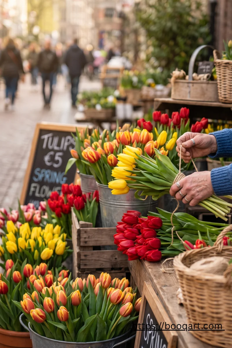 A flower vendor's tulip stall during Armenian Women's Month, when tulips fill every street in Yerevan