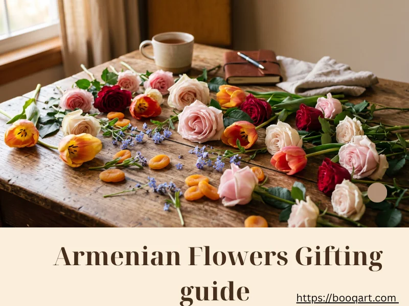 Armenian flowers — red roses, forget-me-nots, and apricot blossoms arranged together, symbolizing Armenian gifting traditions