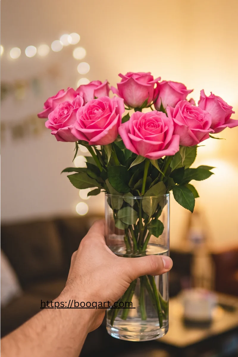 A bouquet of nine pink roses, following the Armenian tradition of odd-numbered stems for birthday gifts


