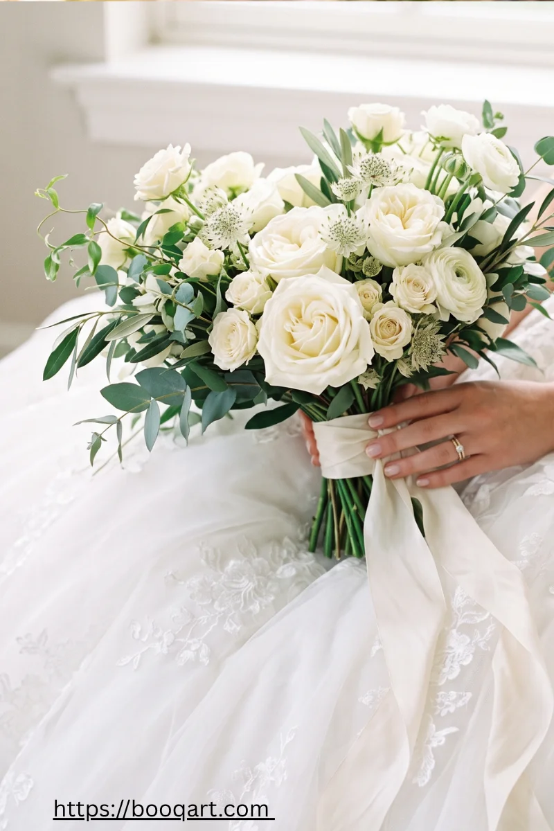 A traditional Armenian bride's bouquet of white and cream roses with greenery

