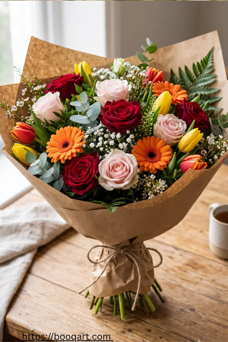 Armenian flower gift bouquet with tulips, roses, and gerbera daisies for Women's Day or a birthday

