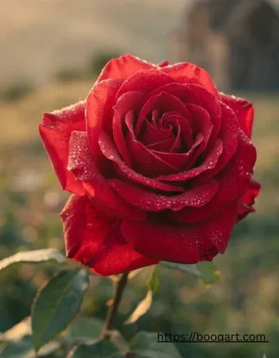 Armenian flowers — a red rose in close-up with the Armenian countryside softly visible behind it