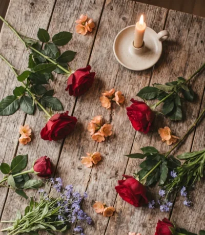 Armenian flowers — red roses, forget-me-nots, and apricot blossoms arranged together, symbolizing Armenian gifting traditions