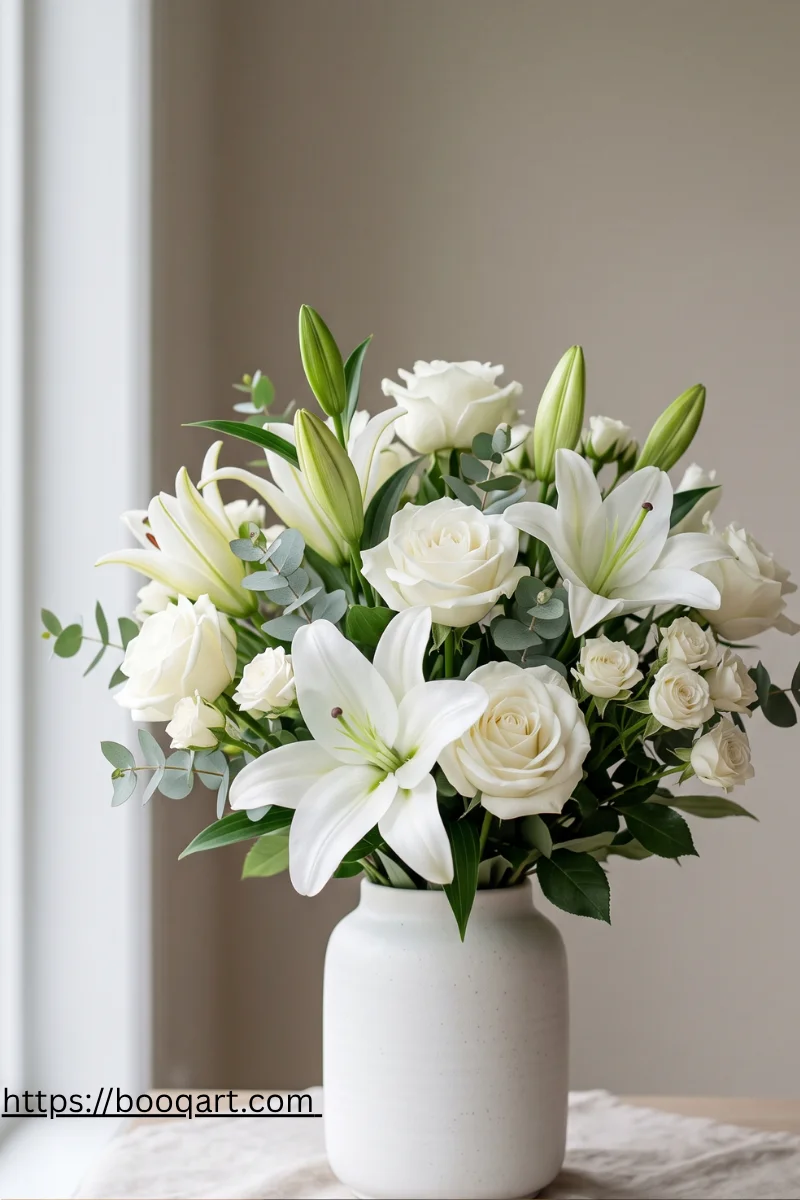White lilies and white roses, the traditional Armenian condolence and funeral flower arrangement