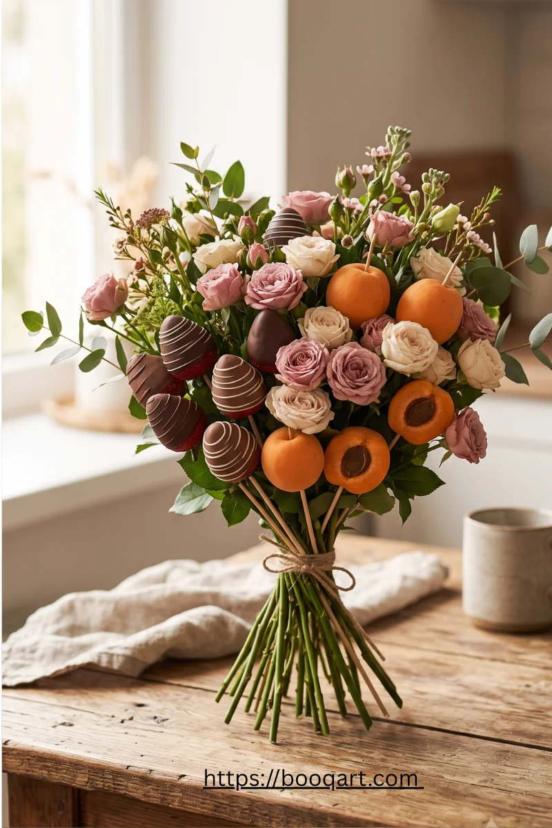  An edible flower and fruit arrangement, blending Armenian flower-gifting tradition with Booqart's fruit and chocolate gift boxes

