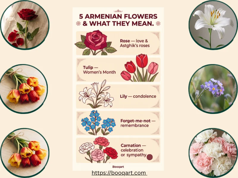  Infographic — what five traditional Armenian flowers symbolize, from roses to the forget-me-not