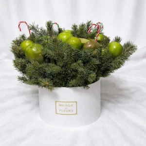 Sophisticated Armenian gifts for her: tangerine bouquet in a white hat box with natural evergreen boughs and festive candy canes.