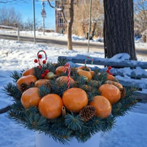 luxury-tangerine-winter-fancy-fruit-box abovyan Luxury Christmas tangerine gift box: edible bouquet of fresh tangerines, pine branches, cones, red berries, candy canes, and ornaments