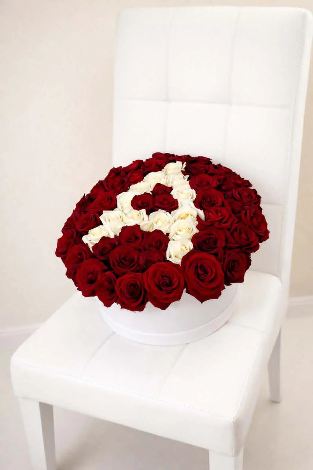 Premium 40cm white hat box featuring over 50 fresh red and white roses arranged into a personalized letter A by BooqArt.